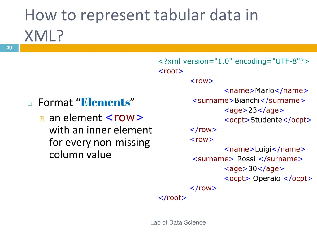 how to represent tabular data in xml 1