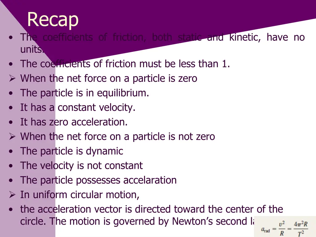 recap the coefficients of friction both static