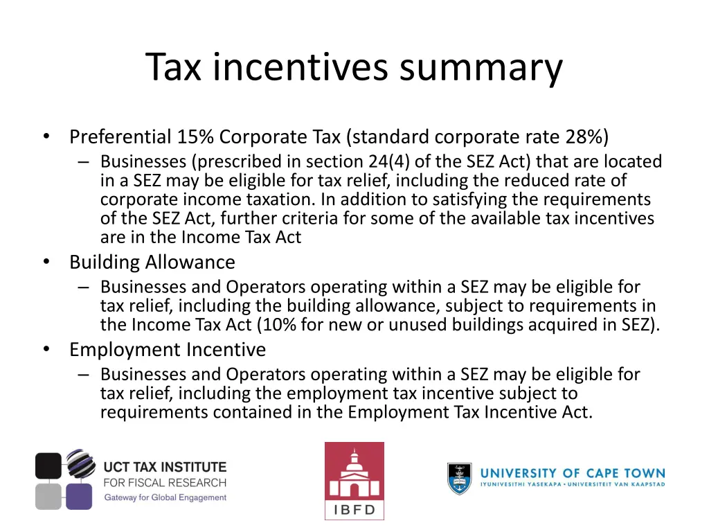 tax incentives summary
