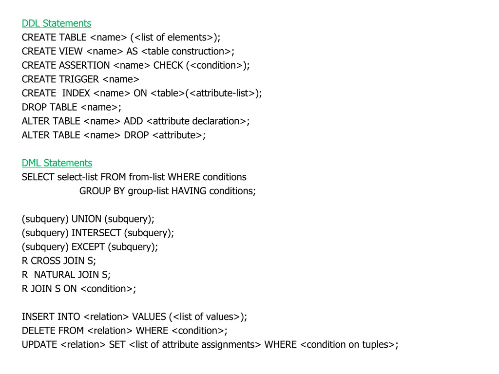 ddl statements create table name list of elements