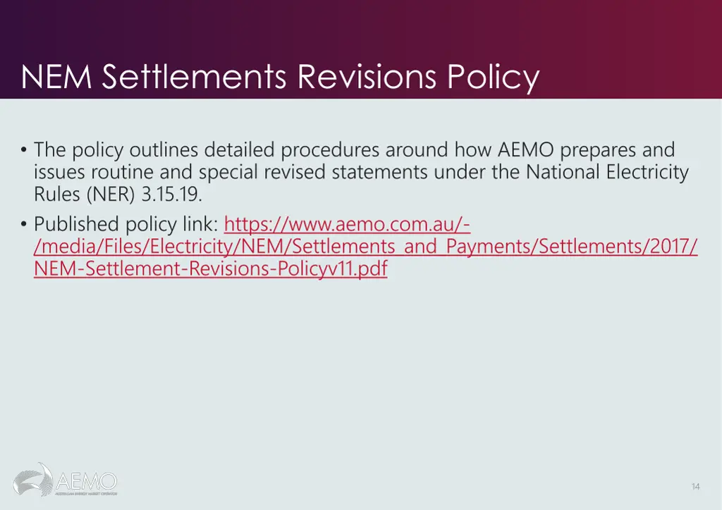 nem settlements revisions policy