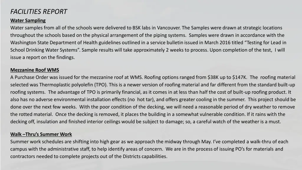 facilities report water sampling water samples