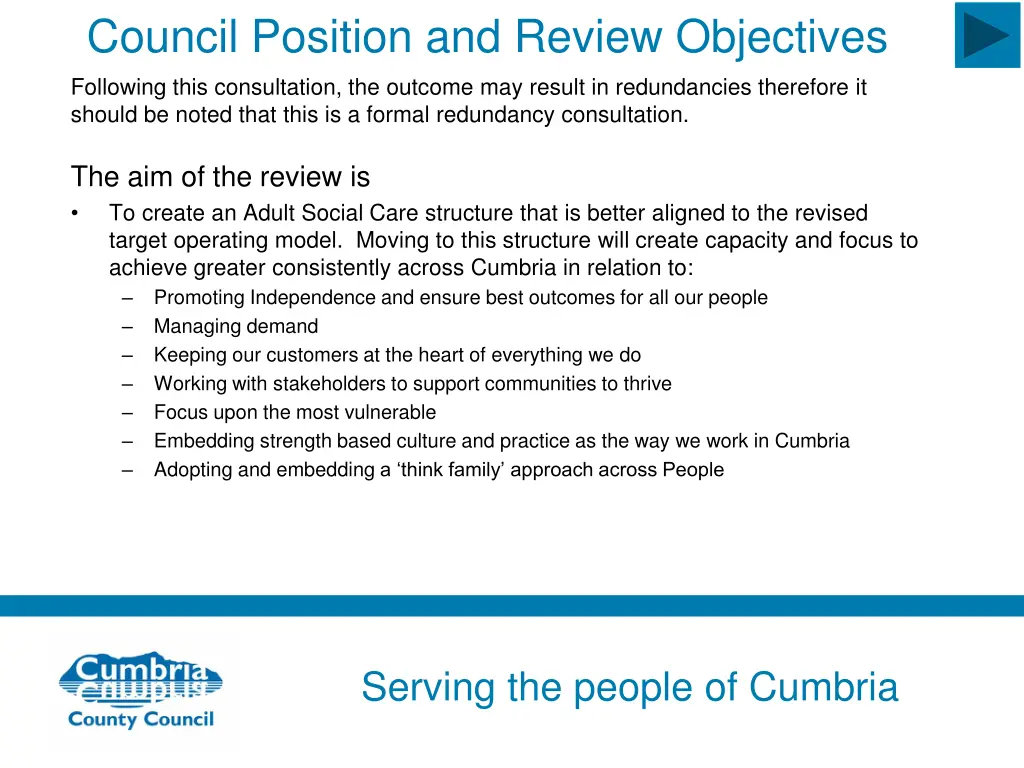 council position and review objectives following