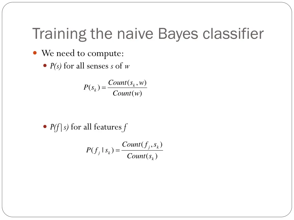 training the naive bayes classifier