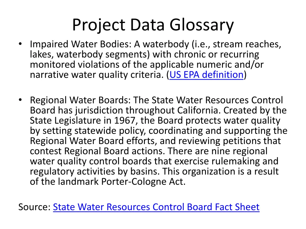 project data glossary impaired water bodies