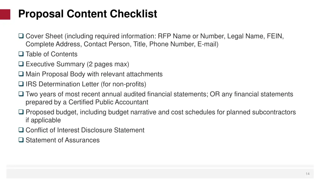 proposal content checklist