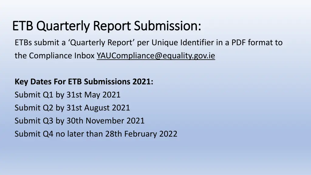 etb quarterly report submission etb quarterly