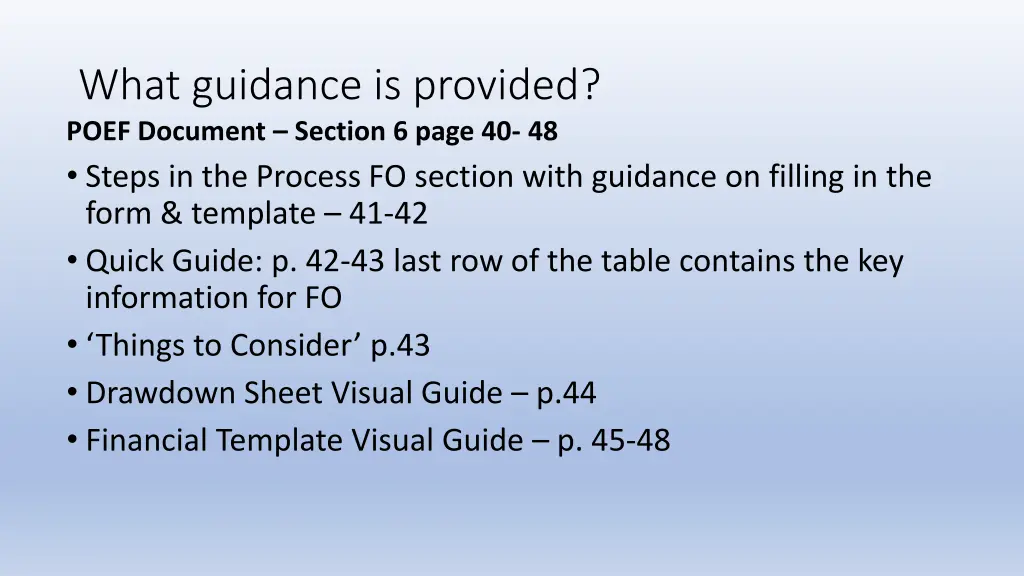 what guidance is provided poef document section
