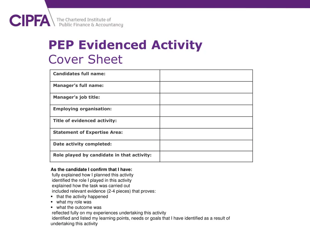 pep evidenced activity cover sheet