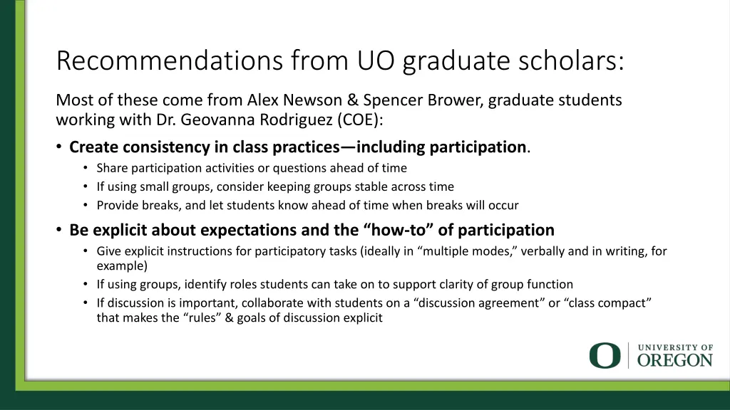 recommendations from uo graduate scholars