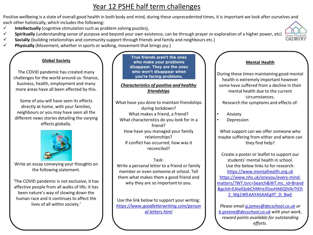 year 12 pshe half term challenges