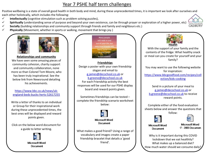 year 7 pshe half term challenges