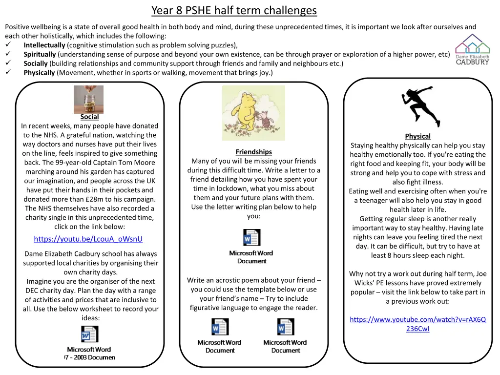 year 8 pshe half term challenges