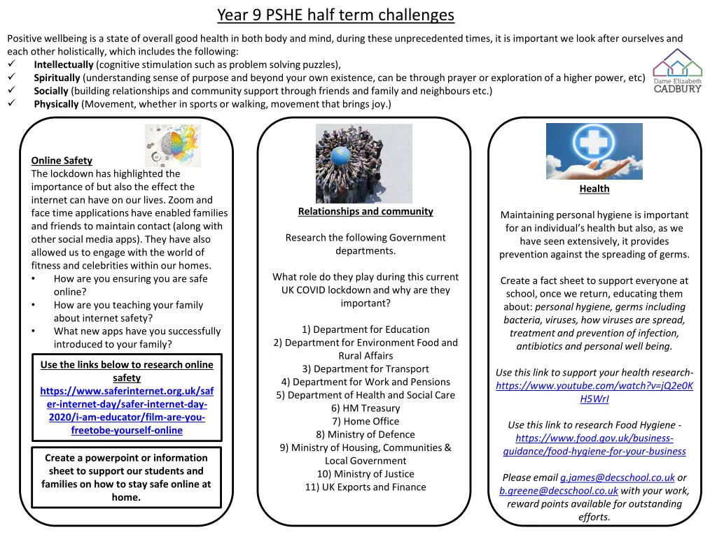 year 9 pshe half term challenges