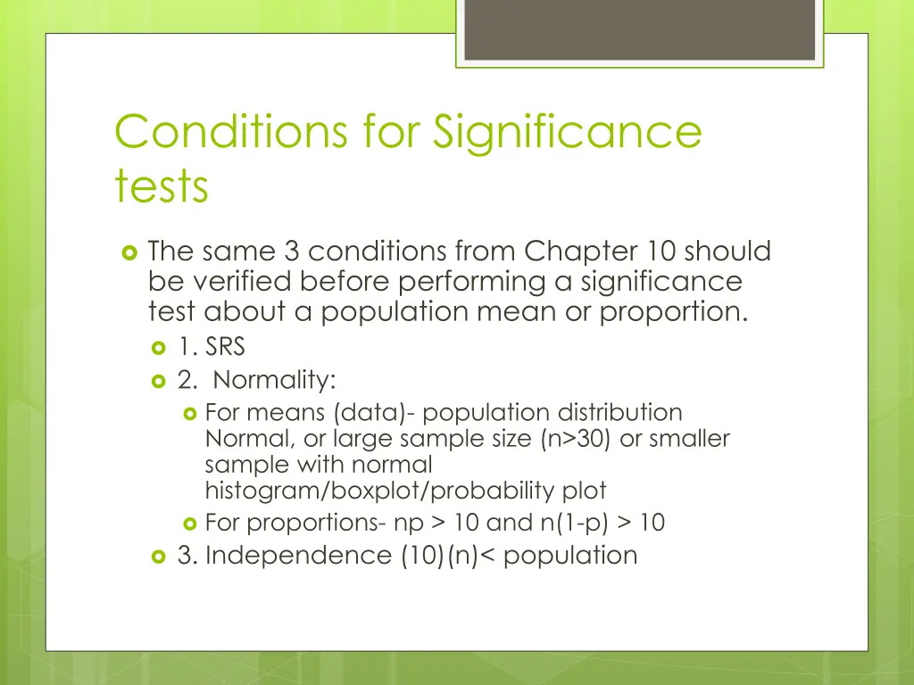 conditions for significance tests