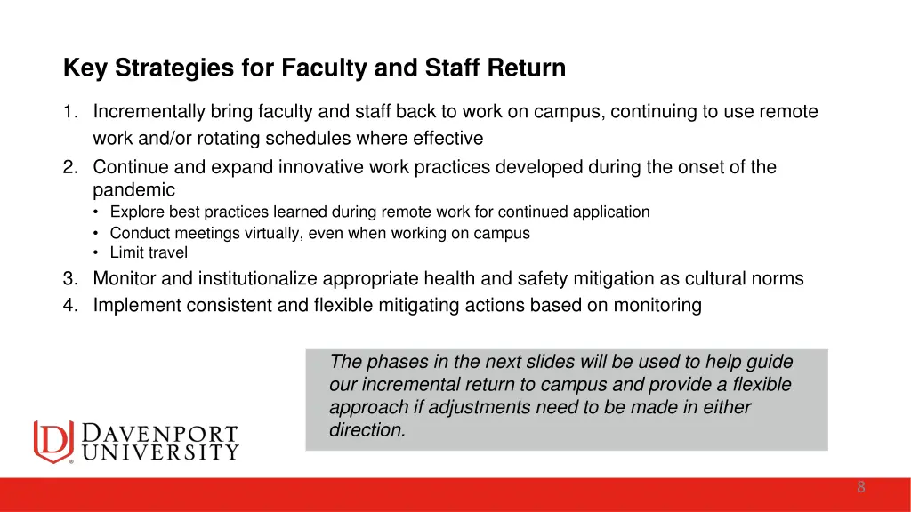 key strategies for faculty and staff return