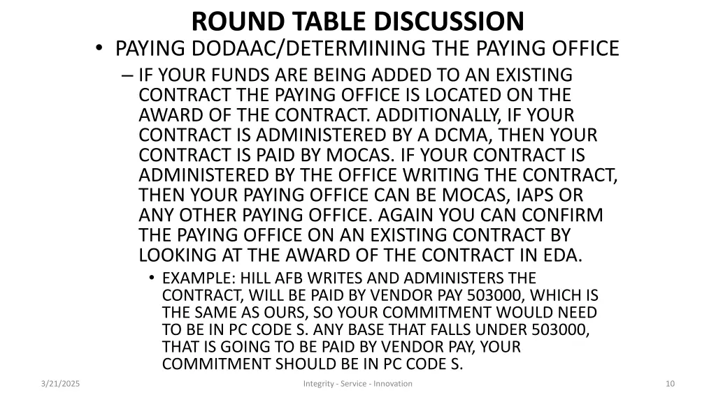round table discussion paying dodaac determining