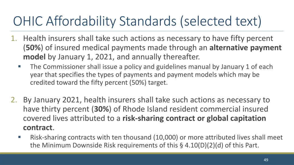 ohic affordability standards selected text
