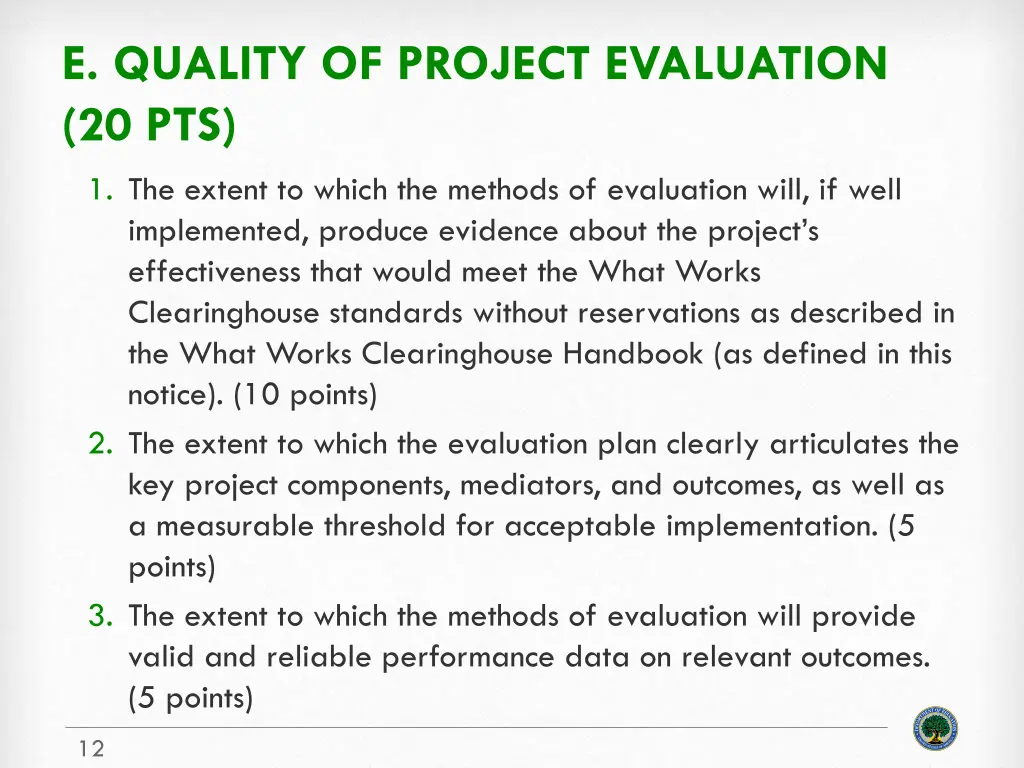 e quality of project evaluation 20 pts