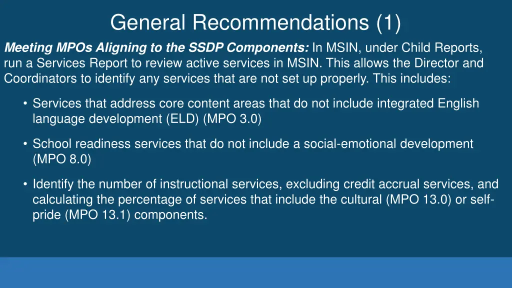 general recommendations 1 meeting mpos aligning