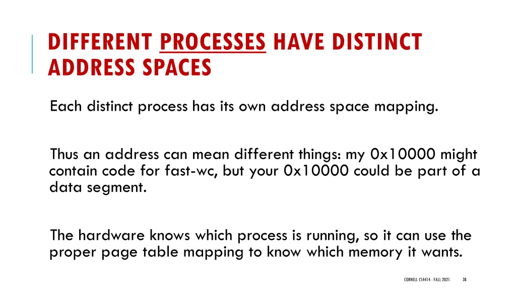 different processes have distinct address spaces