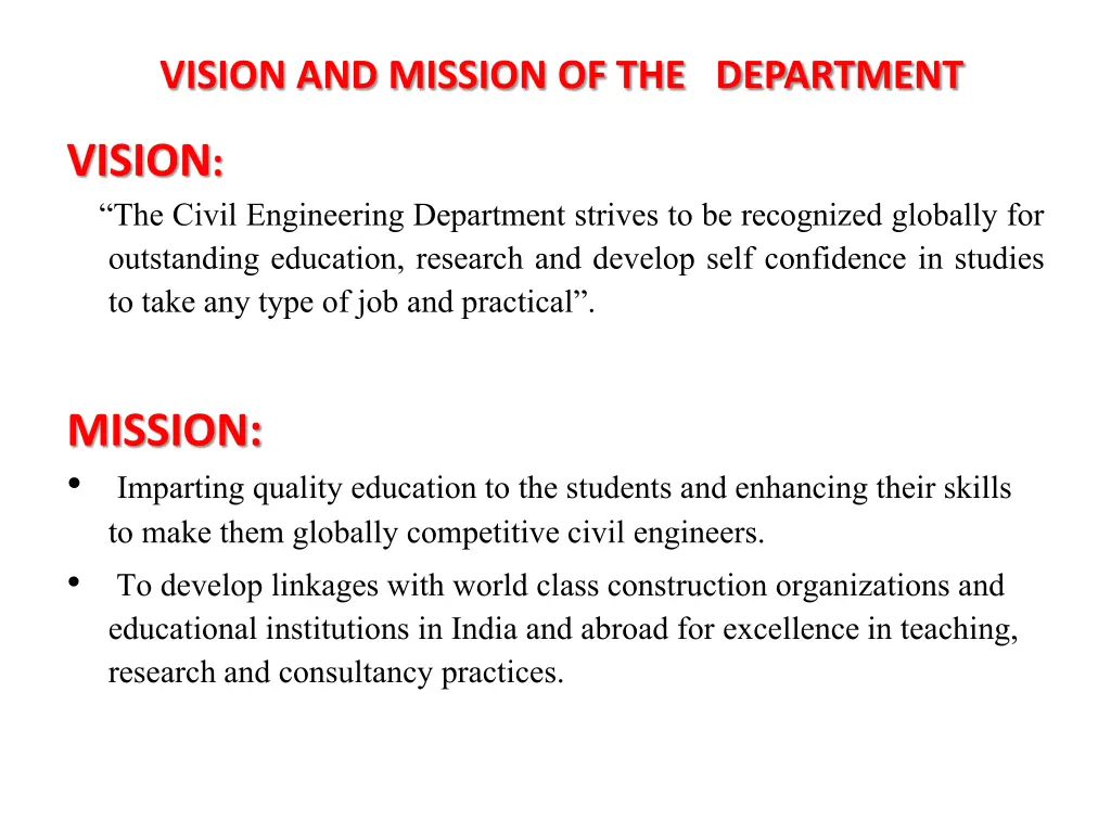 vision and mission of the department