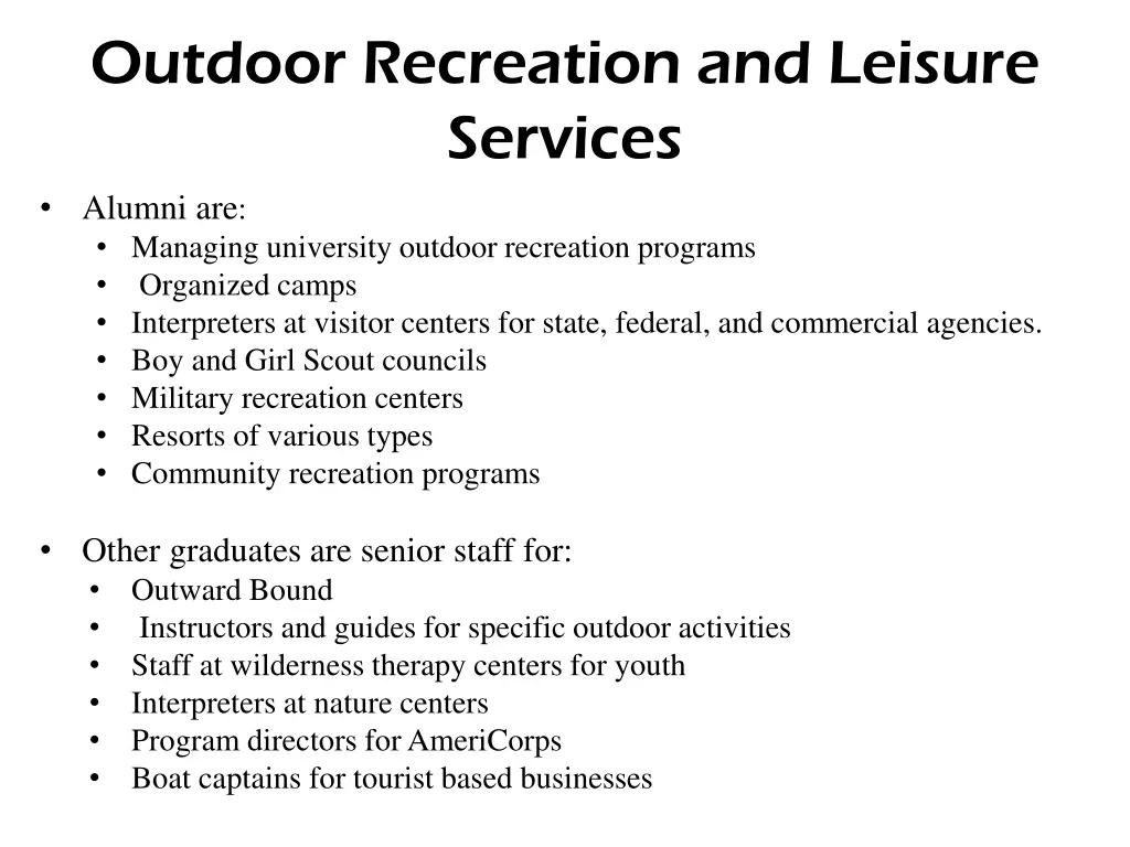outdoor recreation and leisure services alumni