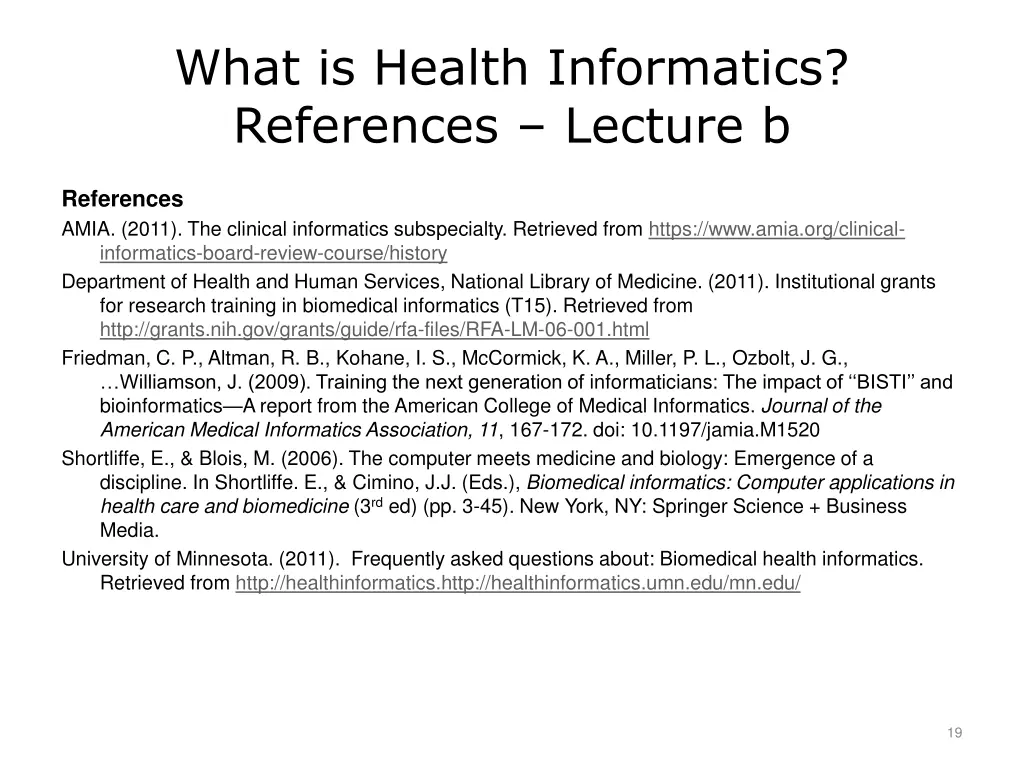 what is health informatics references lecture b