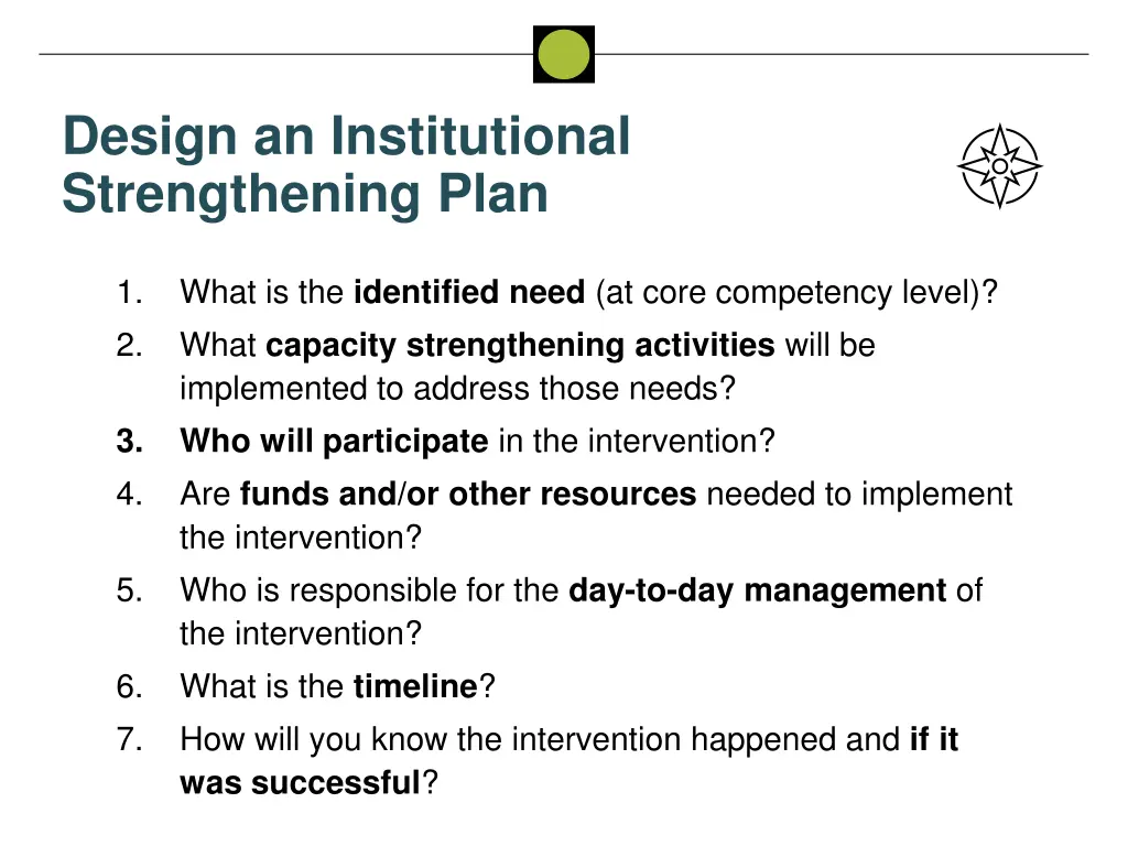 design an institutional strengthening plan
