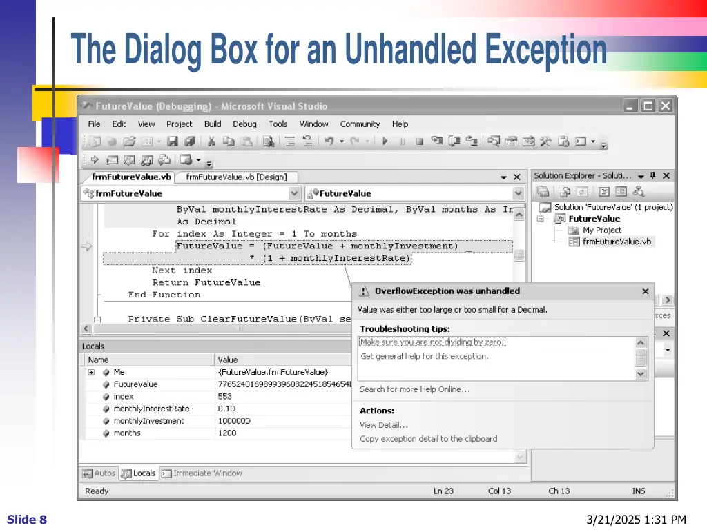 the dialog box for an unhandled exception