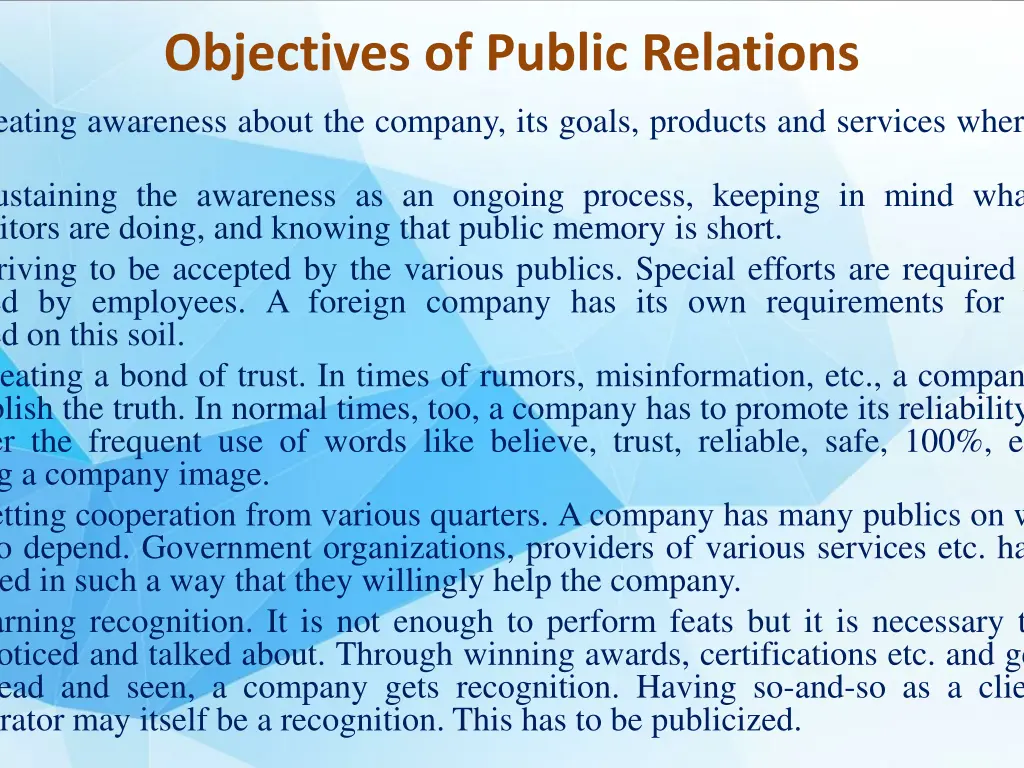 objectives of public relations creating awareness