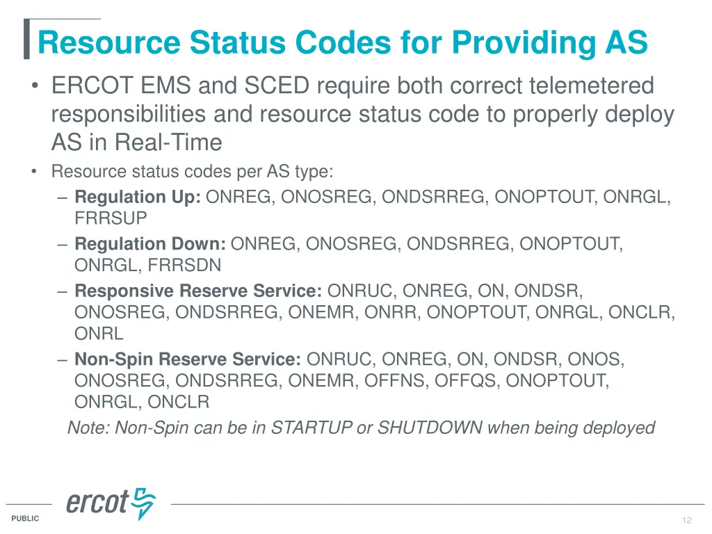 resource status codes for providing as ercot