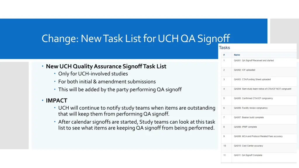 change new task list for uch qa signoff