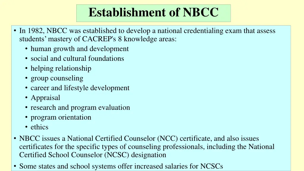 establishment of nbcc