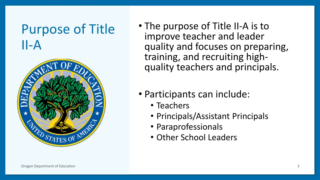 the purpose of title ii a is to improve teacher