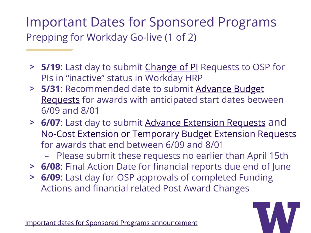 important dates for sponsored programs prepping