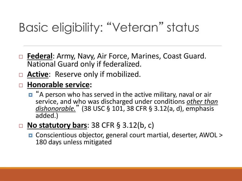 basic eligibility veteran status