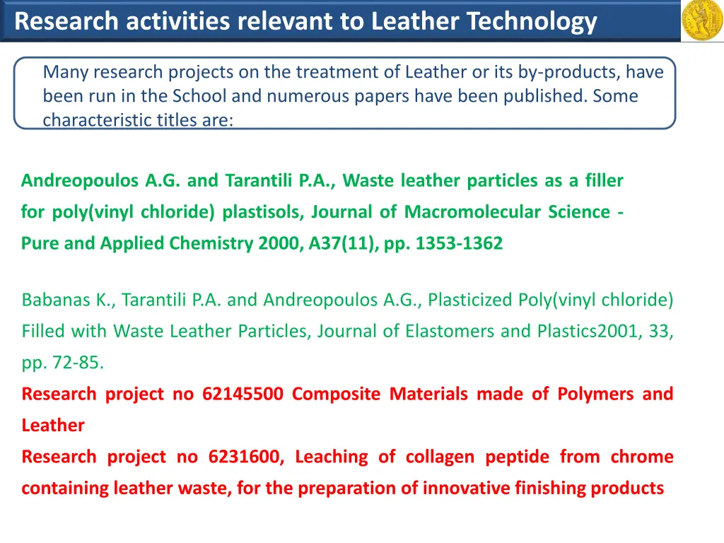research activities relevant to leather technology