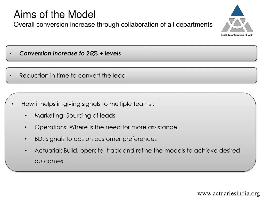 aims of the model overall conversion increase