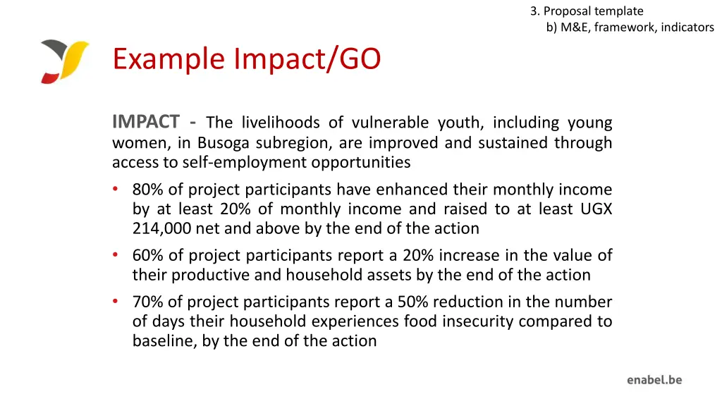 3 proposal template b m e framework indicators 4