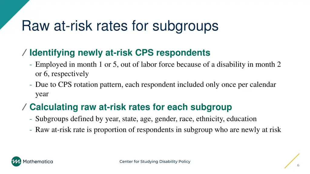 raw at risk rates for subgroups