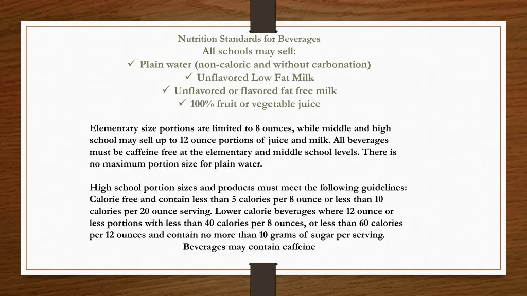 nutrition standards for beverages all schools