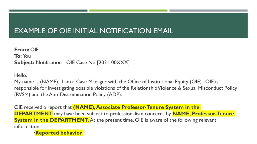 example of oie initial notification email