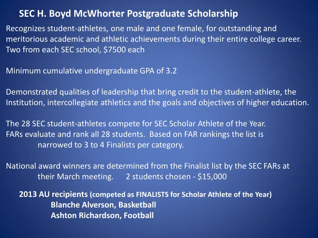 sec h boyd mcwhorter postgraduate scholarship