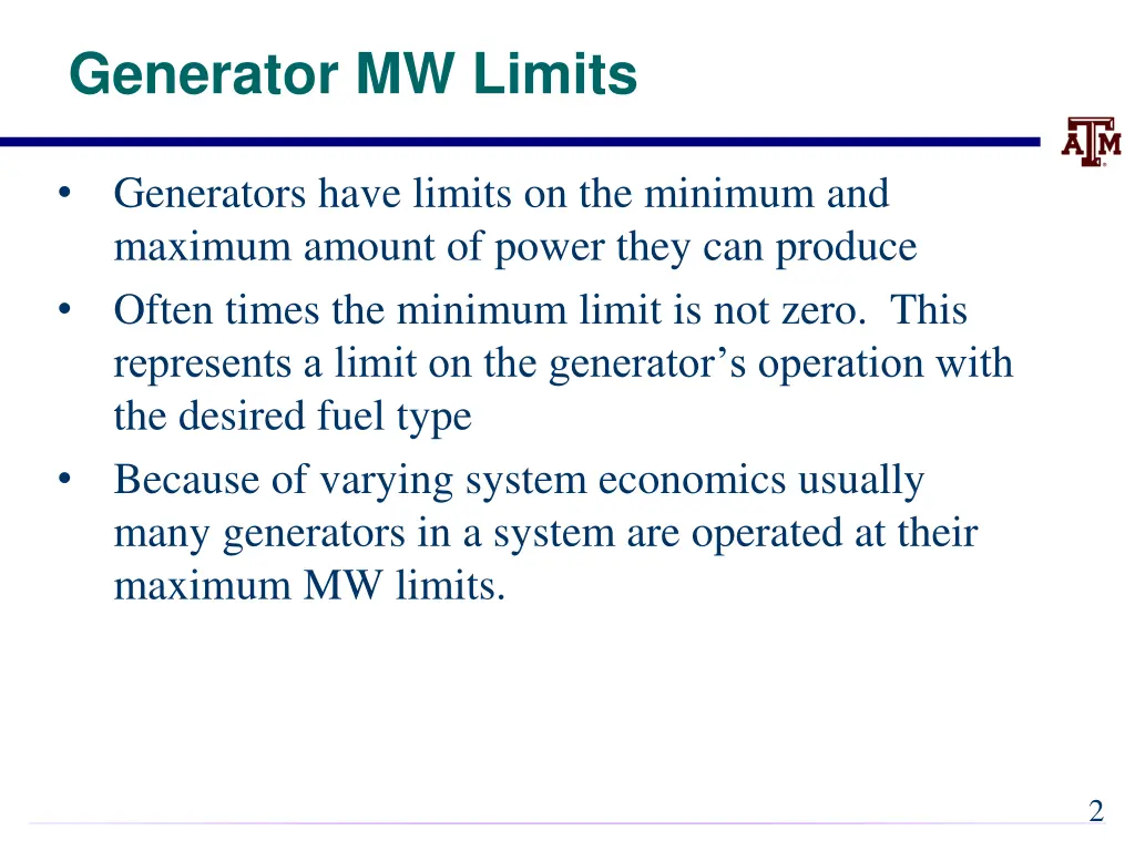 generator mw limits