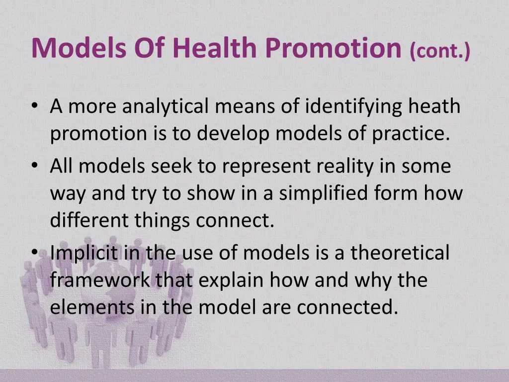 models of health promotion cont