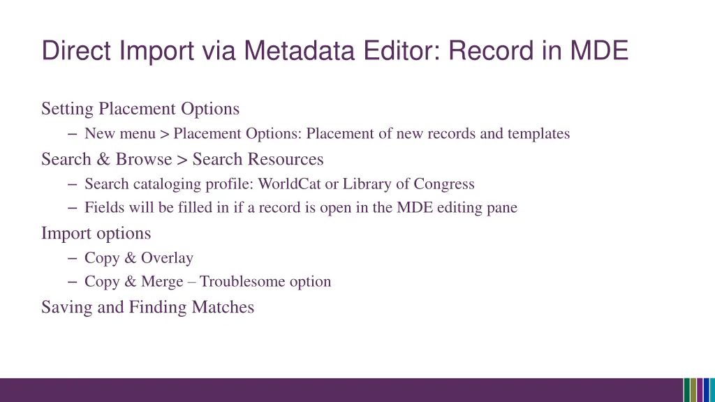 direct import via metadata editor record in mde