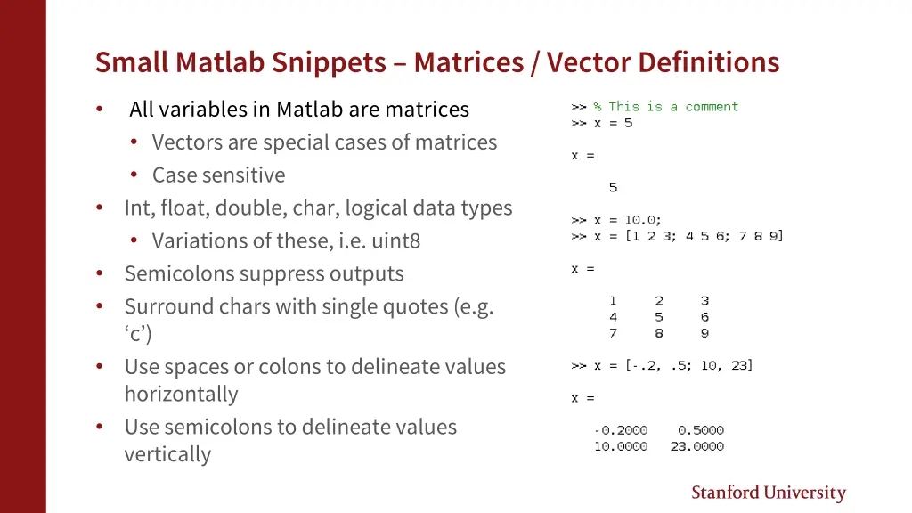 small matlab snippets matrices vector definitions