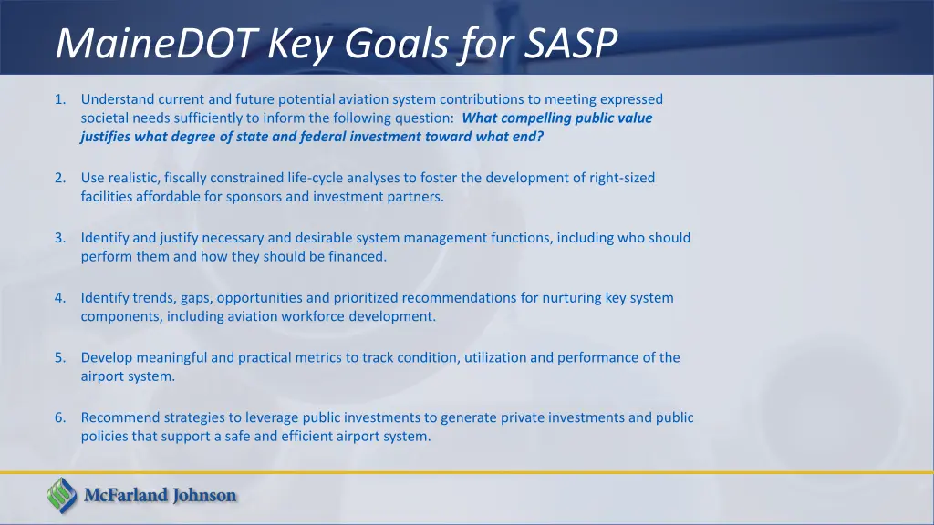 mainedot key goals for sasp