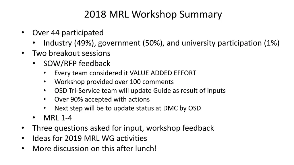 2018 mrl workshop summary